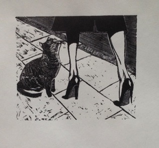 Cat and legs wood engraving
